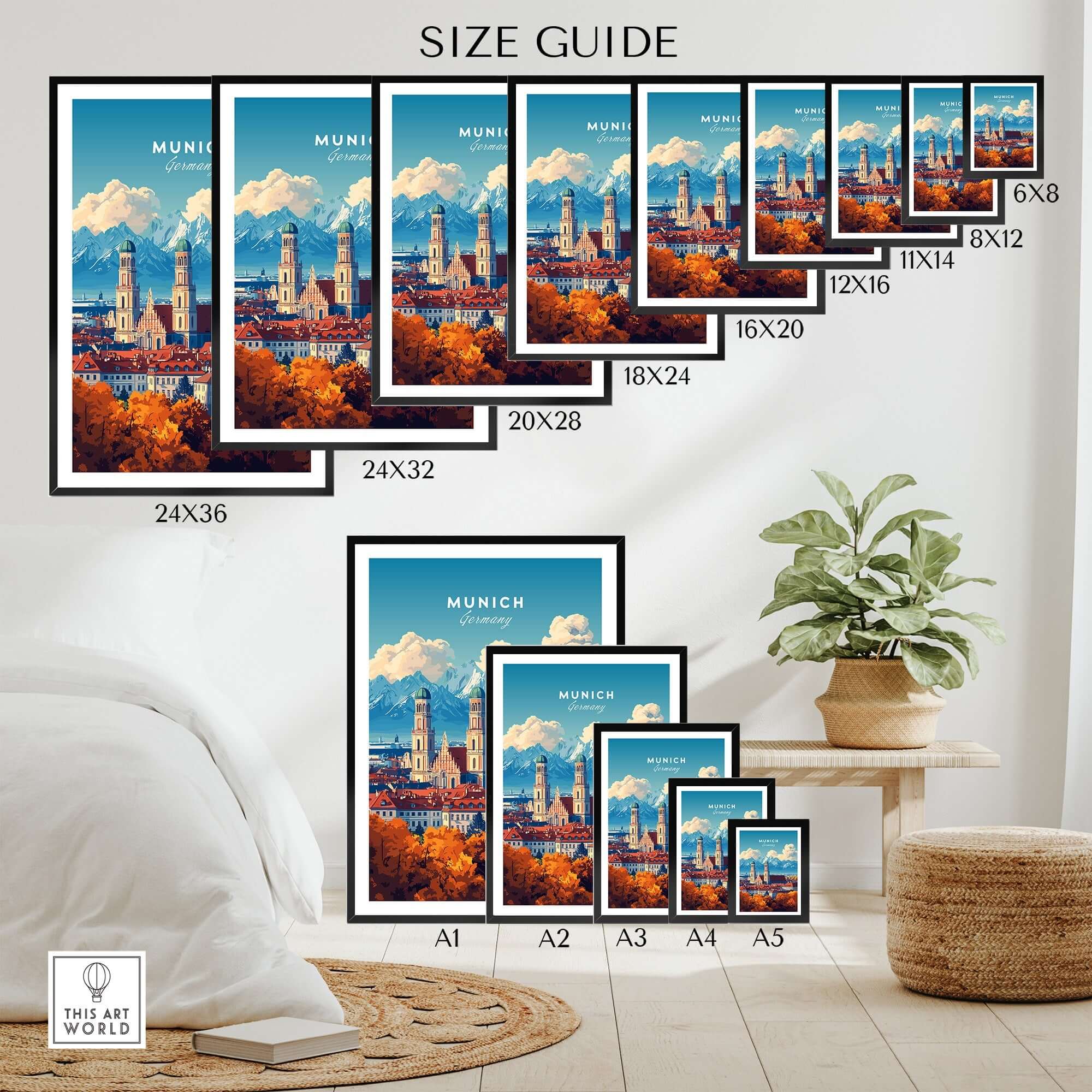 Size guide for Munich Travel Print showcasing various frame sizes and vibrant Munich artwork.