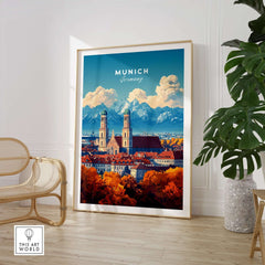 Munich Travel Print showcasing vibrant colors and intricate details of Munich's landscape with mountains in the background.