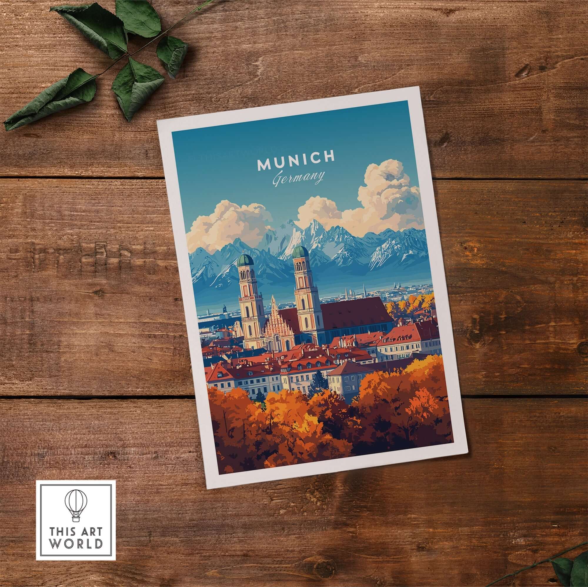 Munich Travel Print featuring the iconic skyline of Munich surrounded by vibrant colors and scenic mountains.