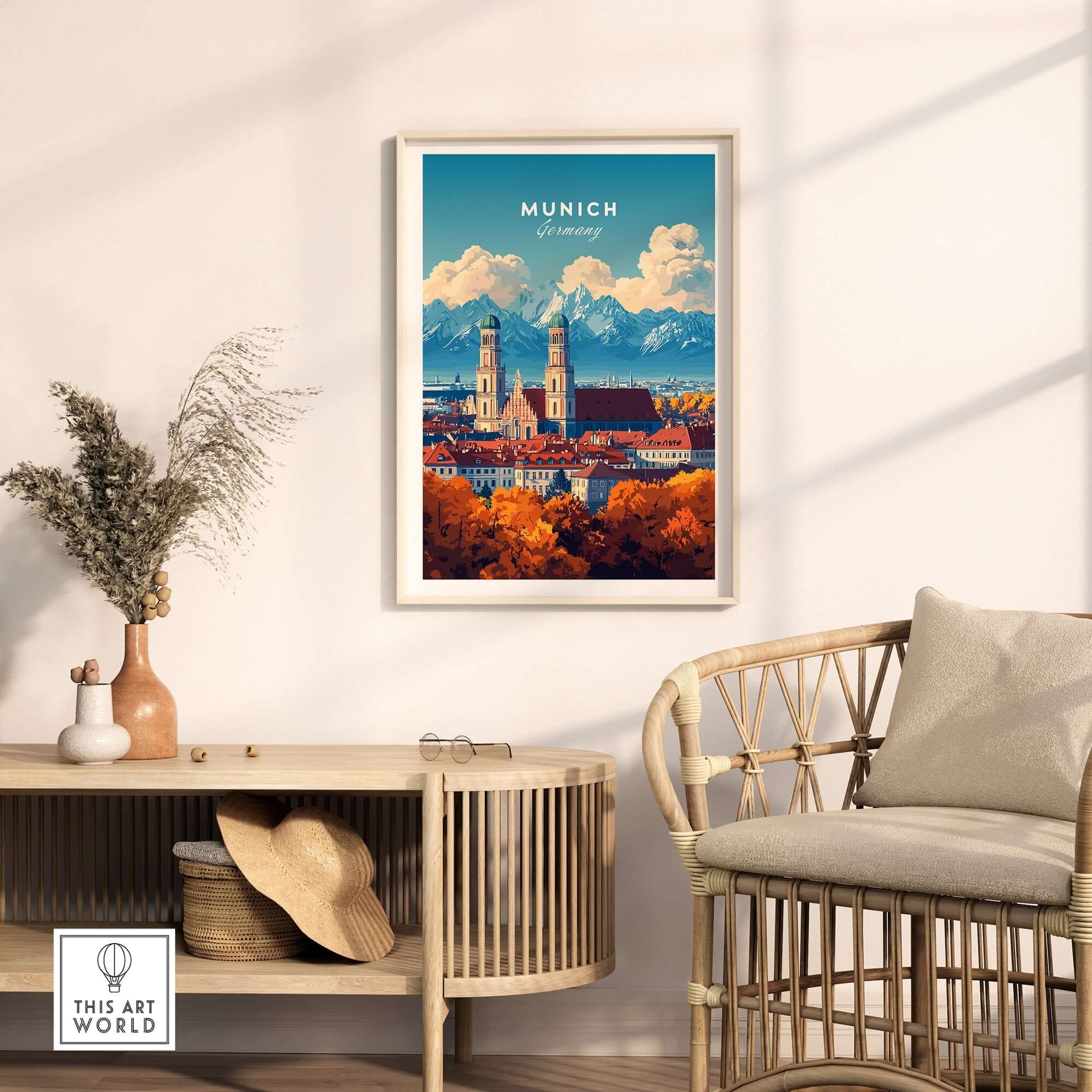 Munich Travel Print showcasing vibrant colors and intricate details of Munich's famous landmarks and scenic beauty.