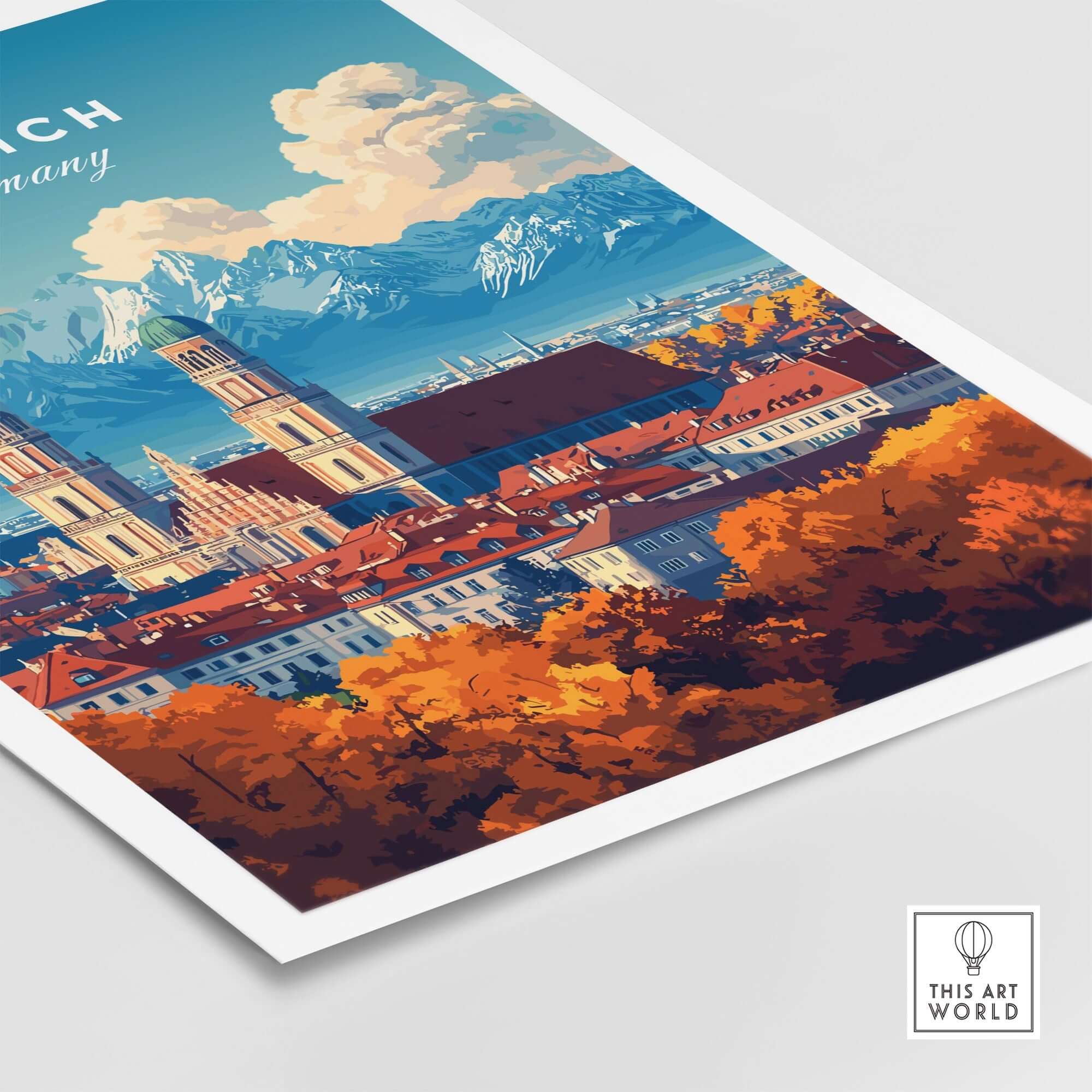 Munich Travel Print showcasing vibrant colors and intricate details of Munich's architecture and landscapes.