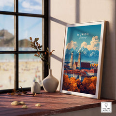 Munich Travel Print displayed in a cozy interior, showcasing vibrant colors and intricate details of Munich's landscape.