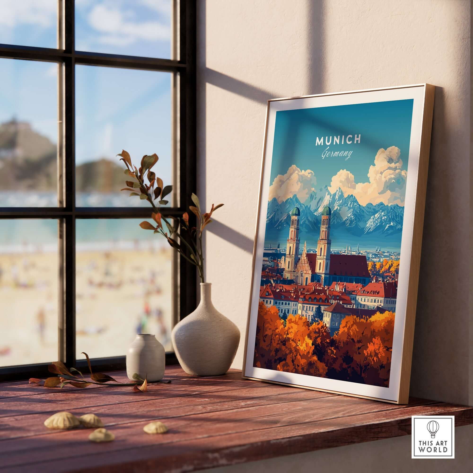 Munich Travel Print displayed in a cozy interior, showcasing vibrant colors and intricate details of Munich's landscape.