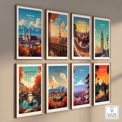 Munich Travel Print and other iconic city travel prints framed on a wall, showcasing stunning designs and colors.