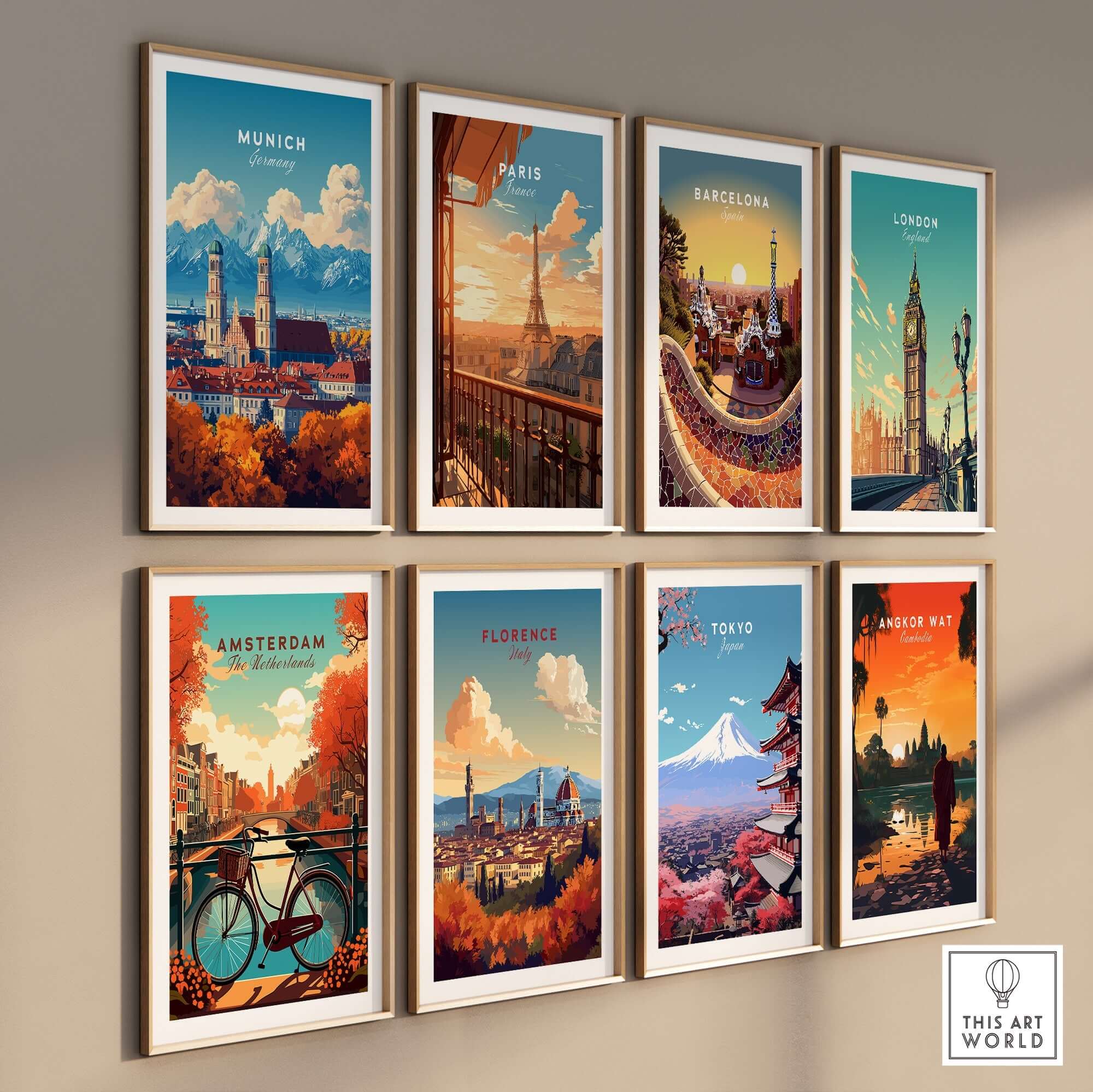 Munich Travel Print and other iconic city travel prints framed on a wall, showcasing stunning designs and colors.