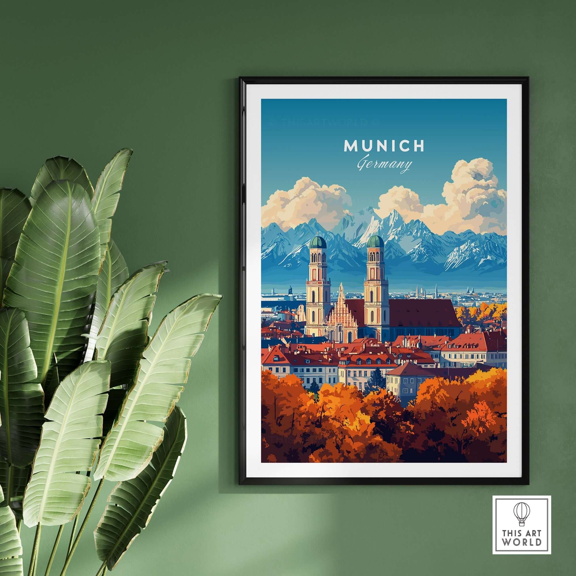 Munich Travel Print showcasing vibrant colors and intricate details of Munich's skyline against a backdrop of mountains.