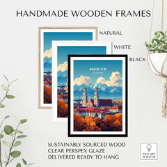 Munich Travel Print showcased in handmade wooden frames: natural, white, and black variations with vibrant colors.