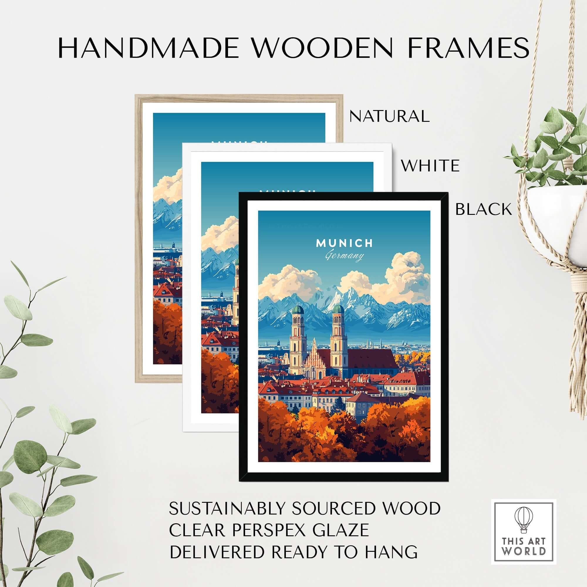 Munich Travel Print showcased in handmade wooden frames: natural, white, and black variations with vibrant colors.