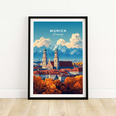 Munich Travel Print showcasing the cityscape of Munich, Germany with vibrant colors and stunning mountain backdrop.
