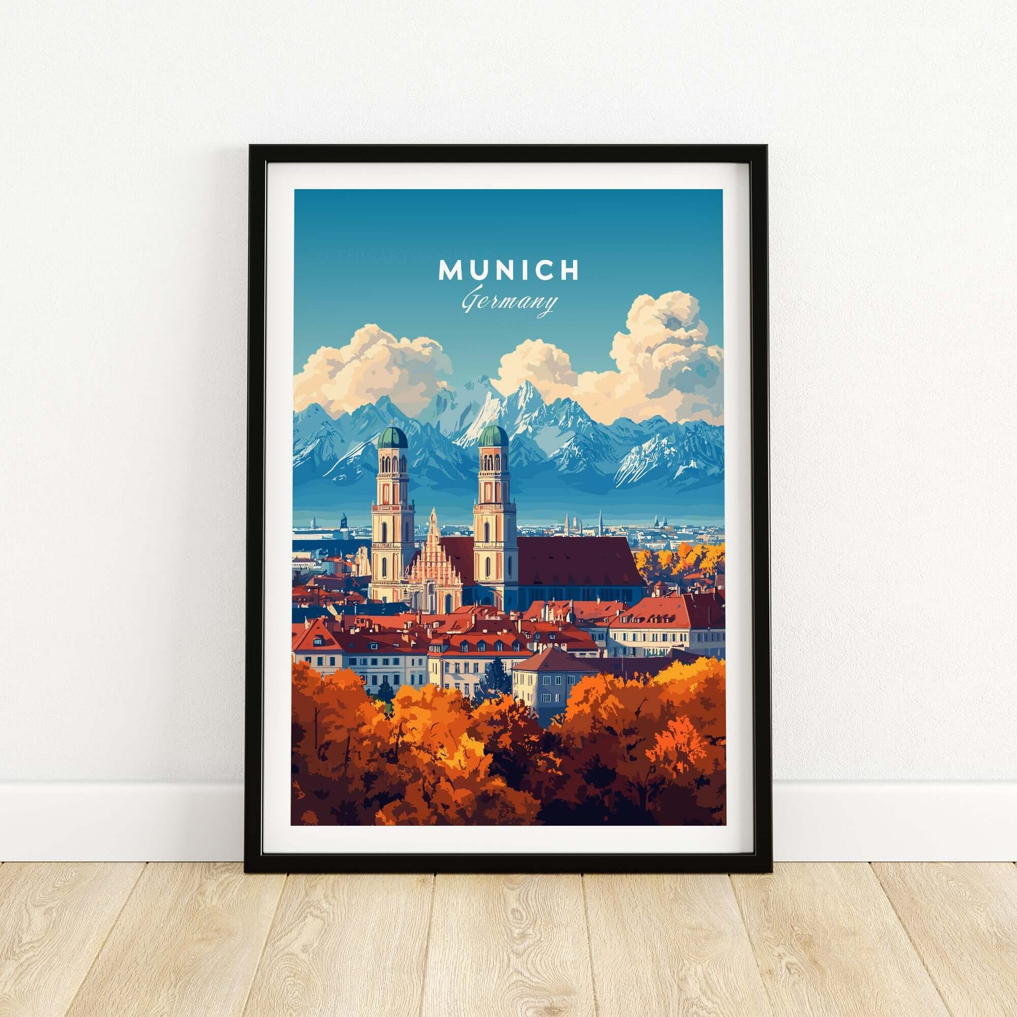 Munich Travel Print showcasing the cityscape of Munich, Germany with vibrant colors and stunning mountain backdrop.