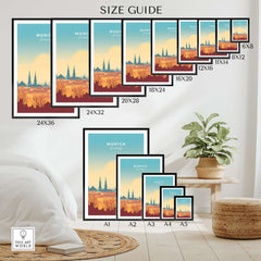 Size guide for Munich Wall Art showing various frame sizes and designs for home decor.