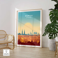 Munich Wall Art showcasing a vibrant skyline of Munich, Germany, framed and displayed in a stylish home decor setting.