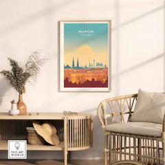 Munich Wall Art featuring a vibrant cityscape illustration, perfect for home decor and inspired by Germany's charm.