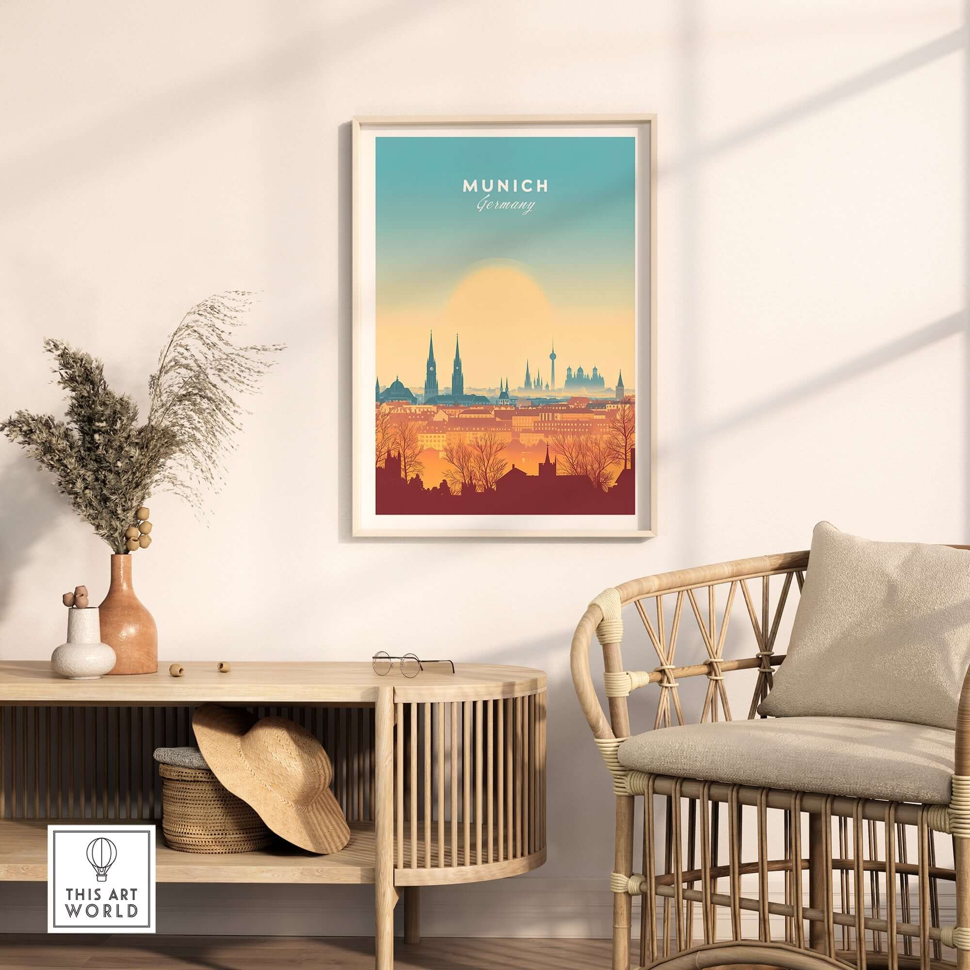 Munich Wall Art featuring a vibrant cityscape illustration, perfect for home decor and inspired by Germany's charm.