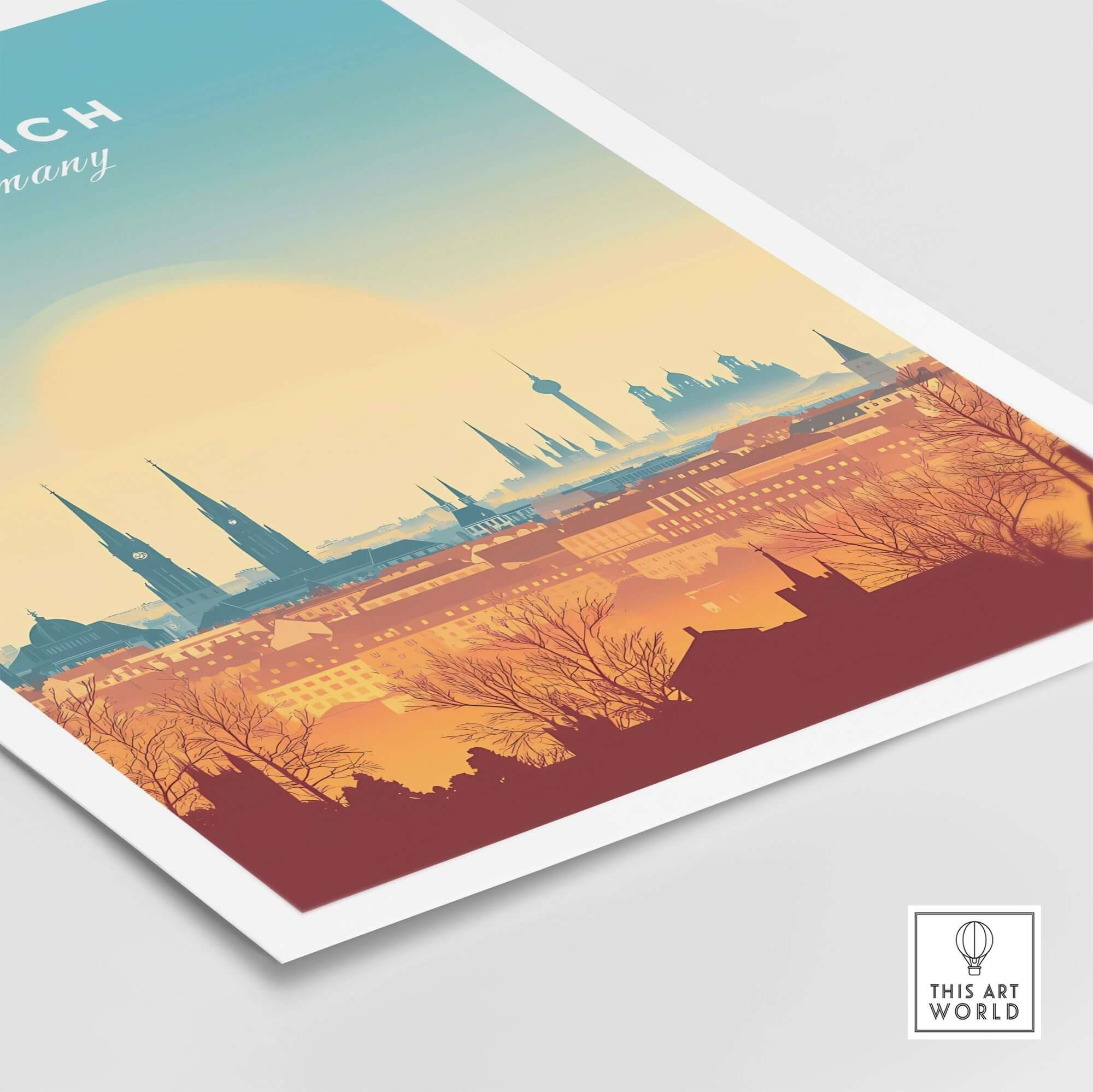 Munich Wall Art featuring a vibrant skyline with iconic landmarks and warm sunset colors.