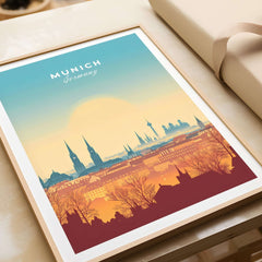 Munich Wall Art featuring a vibrant skyline of Munich, Germany at sunset, perfect for home decor inspiration.