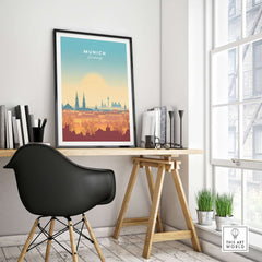 Munich Wall Art displayed in a stylish home office setting, showcasing iconic city skyline and vibrant colors.
