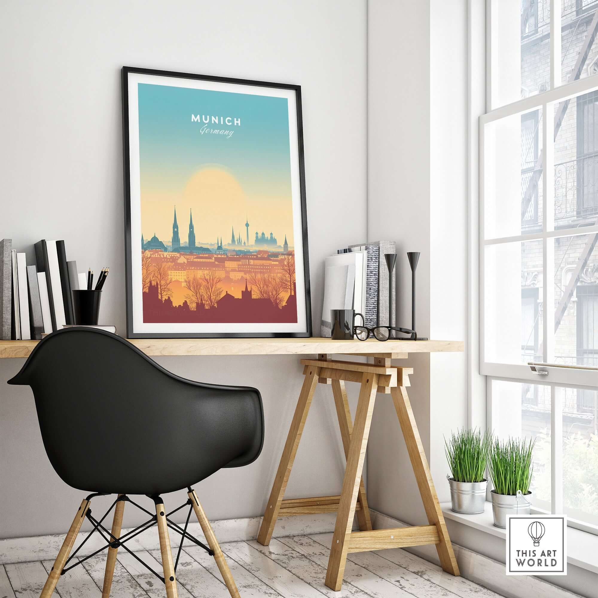 Munich Wall Art displayed in a stylish home office setting, showcasing iconic city skyline and vibrant colors.