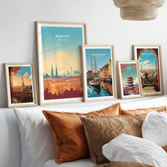 Munich Wall Art displayed among vibrant travel posters on a stylish wall decor setup.