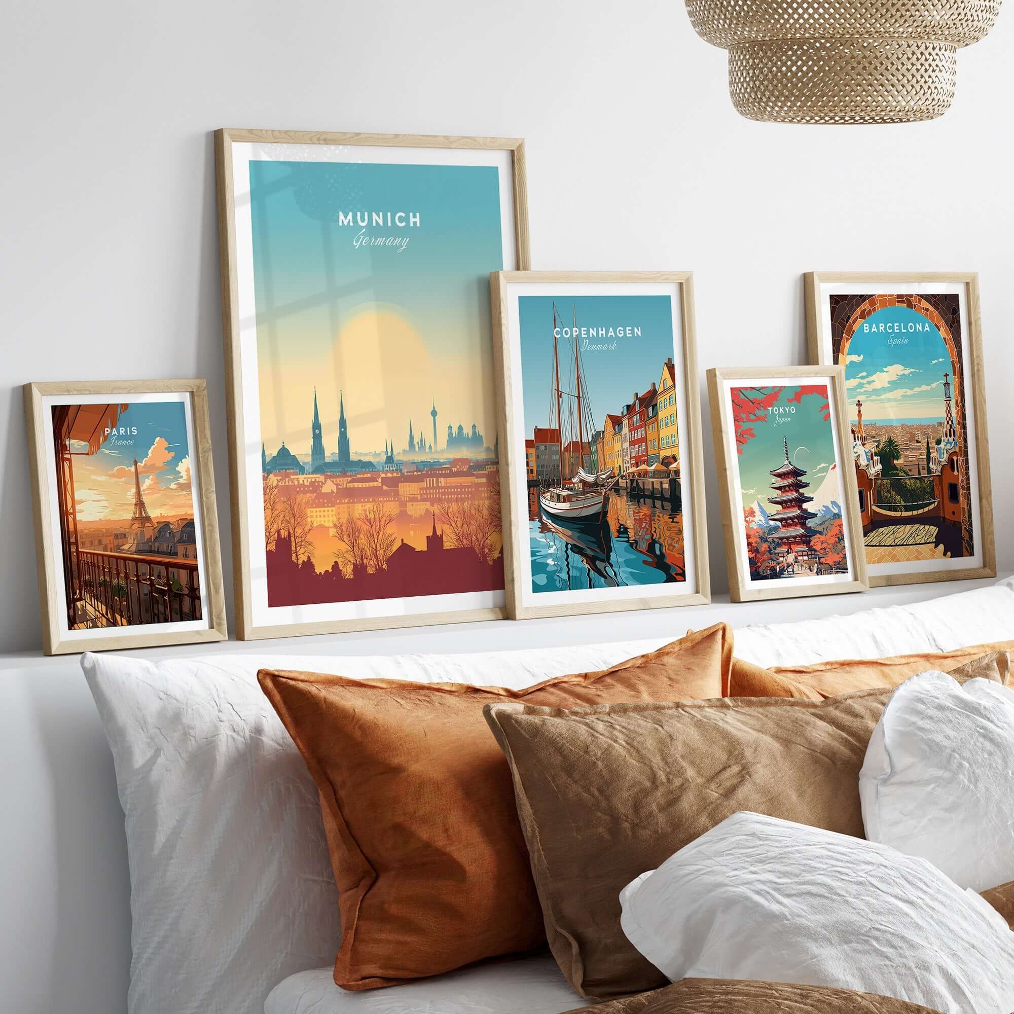 Munich Wall Art displayed among vibrant travel posters on a stylish wall decor setup.