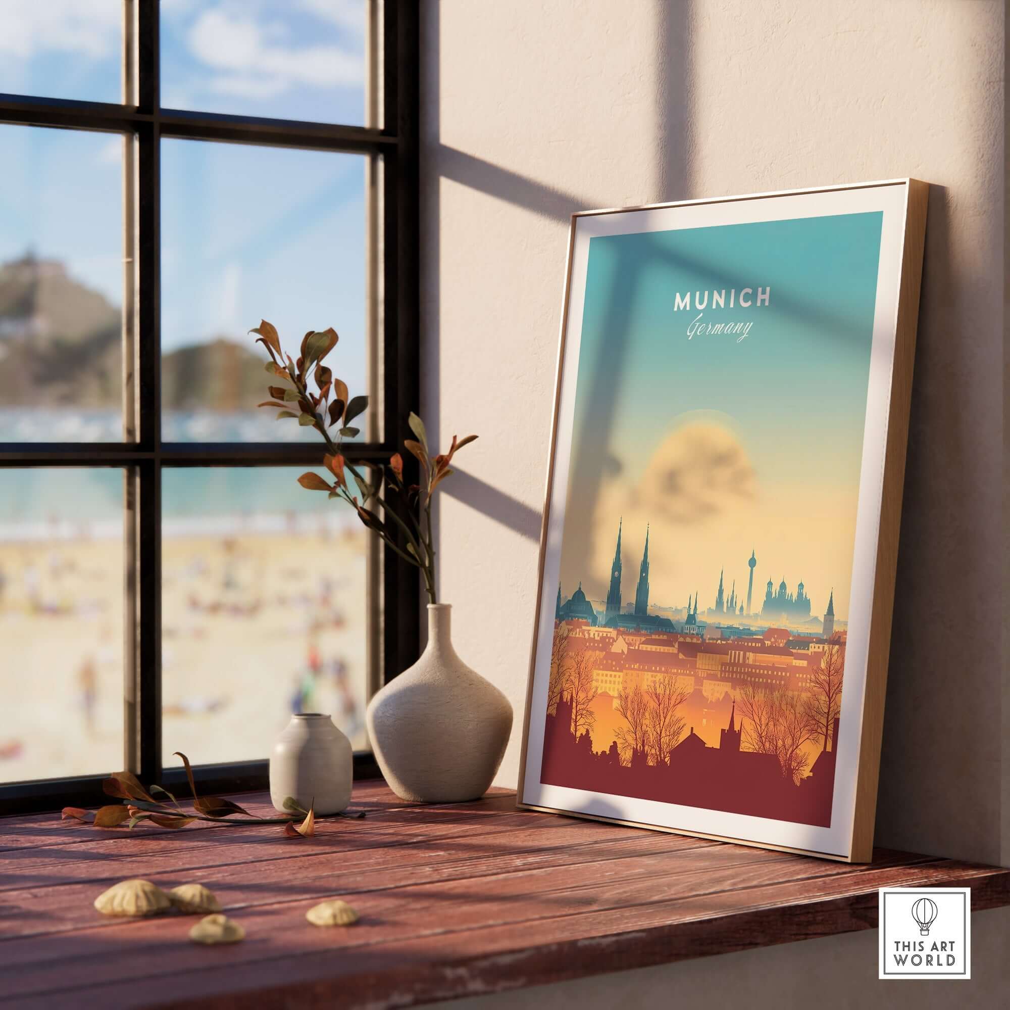 Munich Wall Art showcasing a vibrant cityscape print on a windowsill, enhancing home decor with a German travel theme.