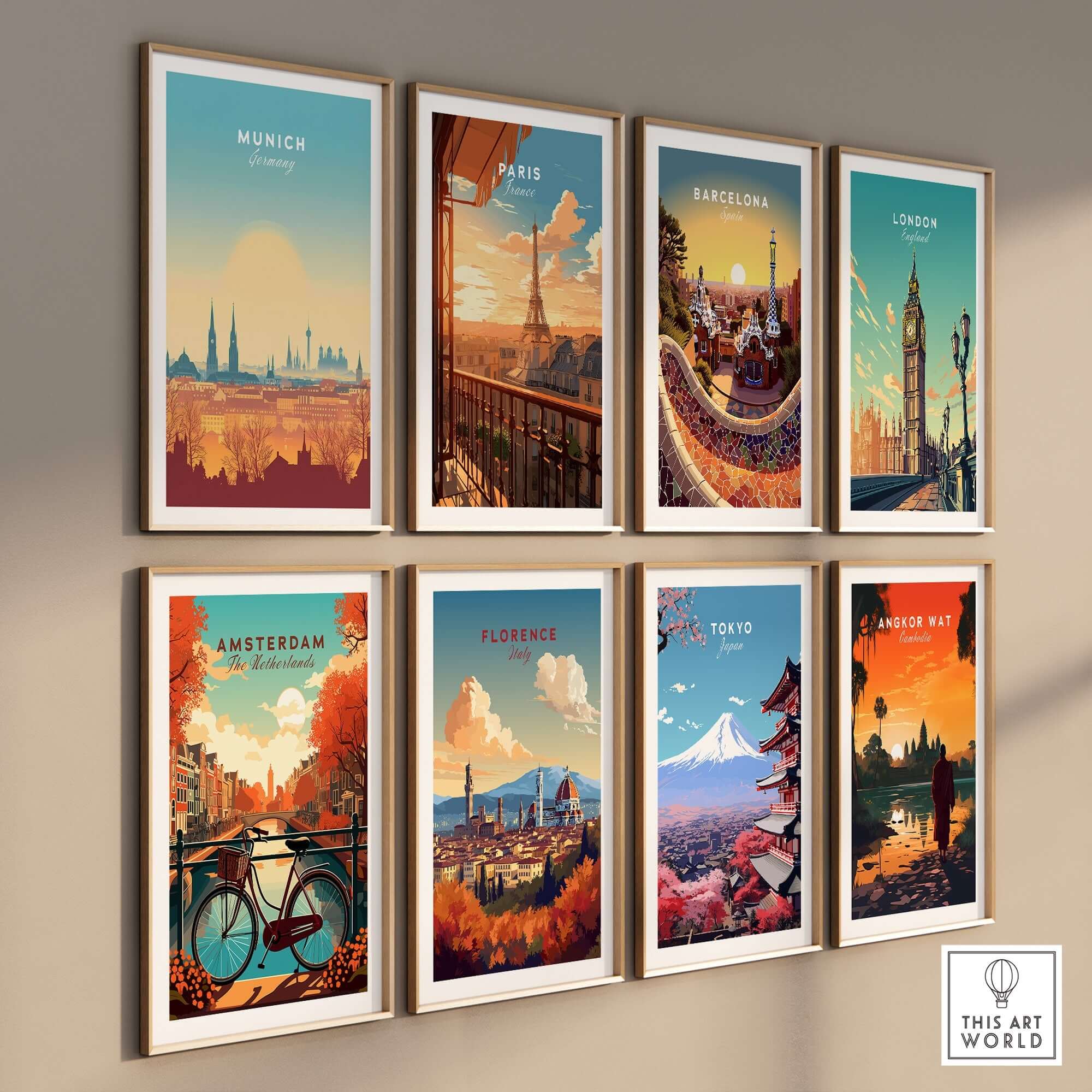 Munich Wall Art featuring vibrant cityscapes including Paris, Barcelona, London, and Tokyo in framed prints.