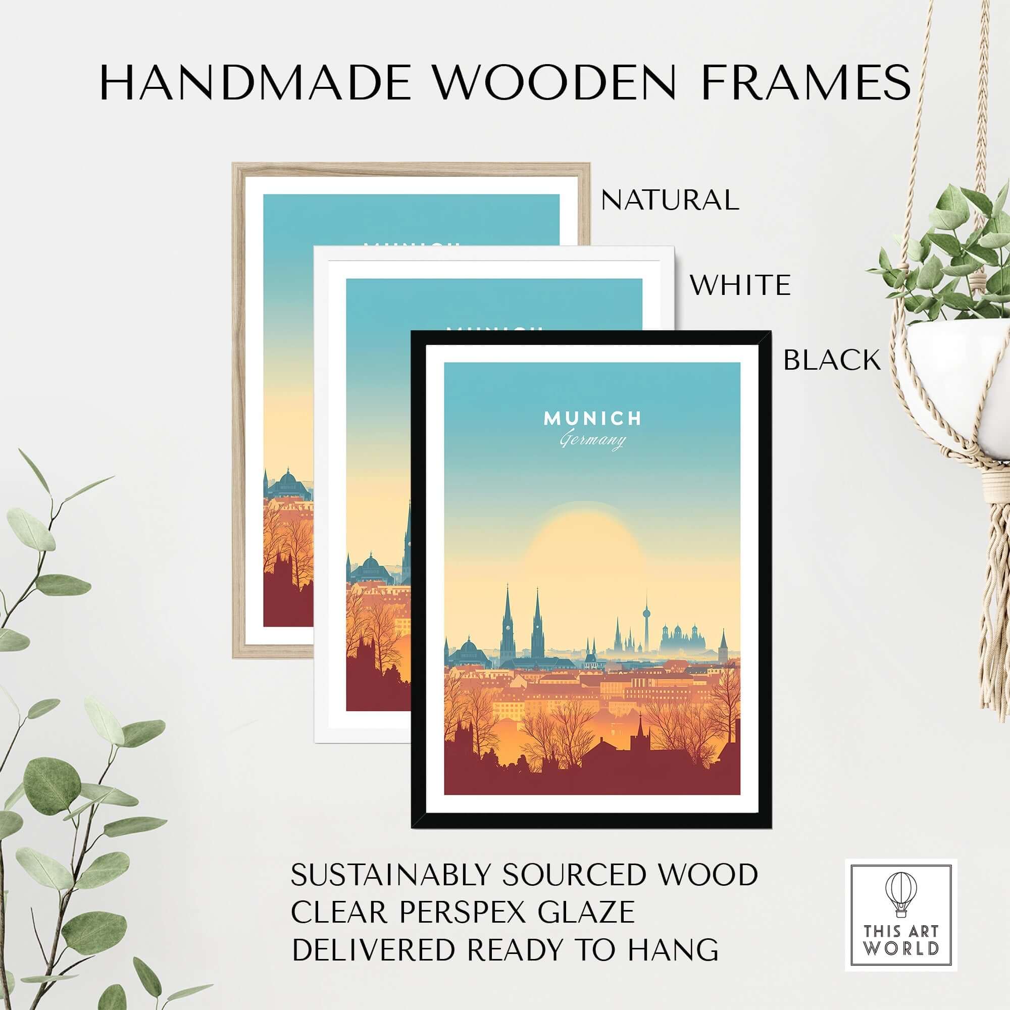 Munich Wall Art framed in handmade wooden frames, showcasing natural, white, and black options. Sustainably sourced materials.