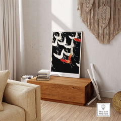 Exhibition Art Print Myriad of Flying Cranes Japanese Bird Pattern Poster Wall Art displayed in a modern living room.