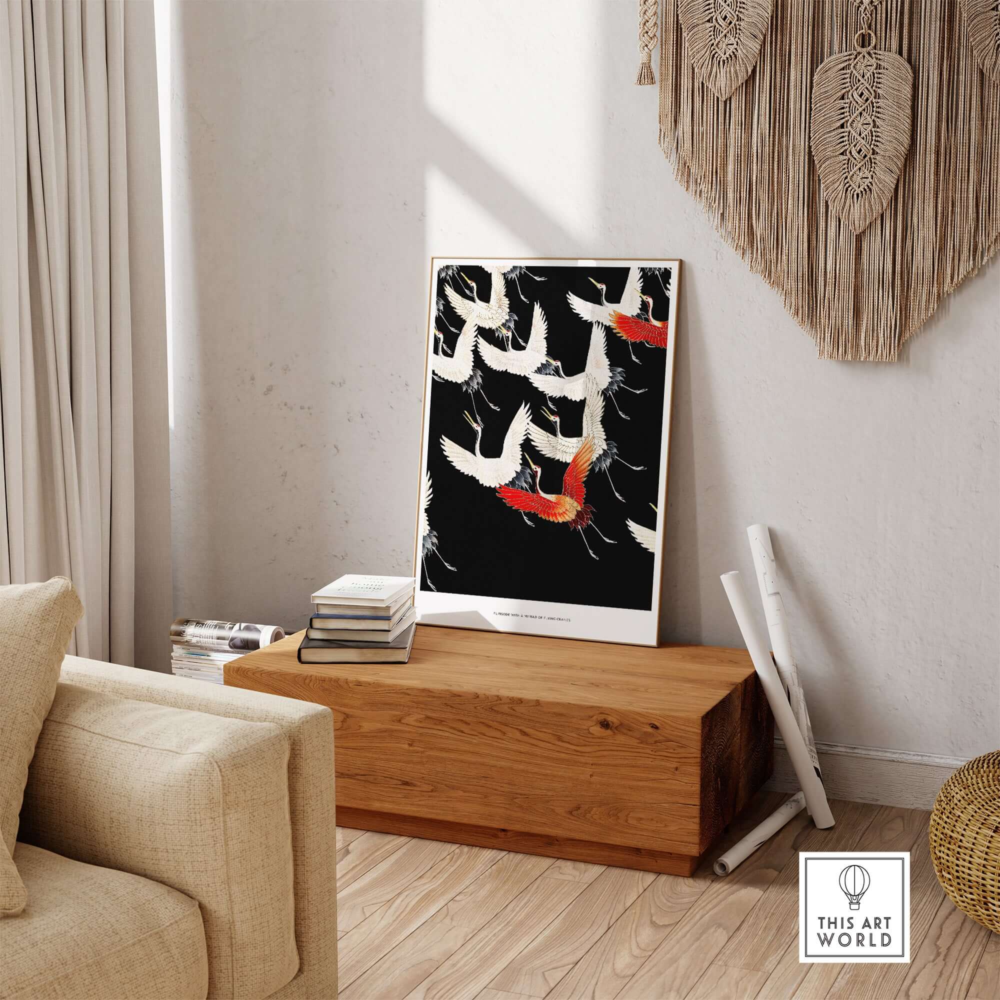 Exhibition Art Print Myriad of Flying Cranes Japanese Bird Pattern Poster Wall Art displayed in a modern living room.