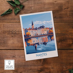 Beautiful Nantes Poster France showcasing colorful architecture and historic landmarks reflecting on water.