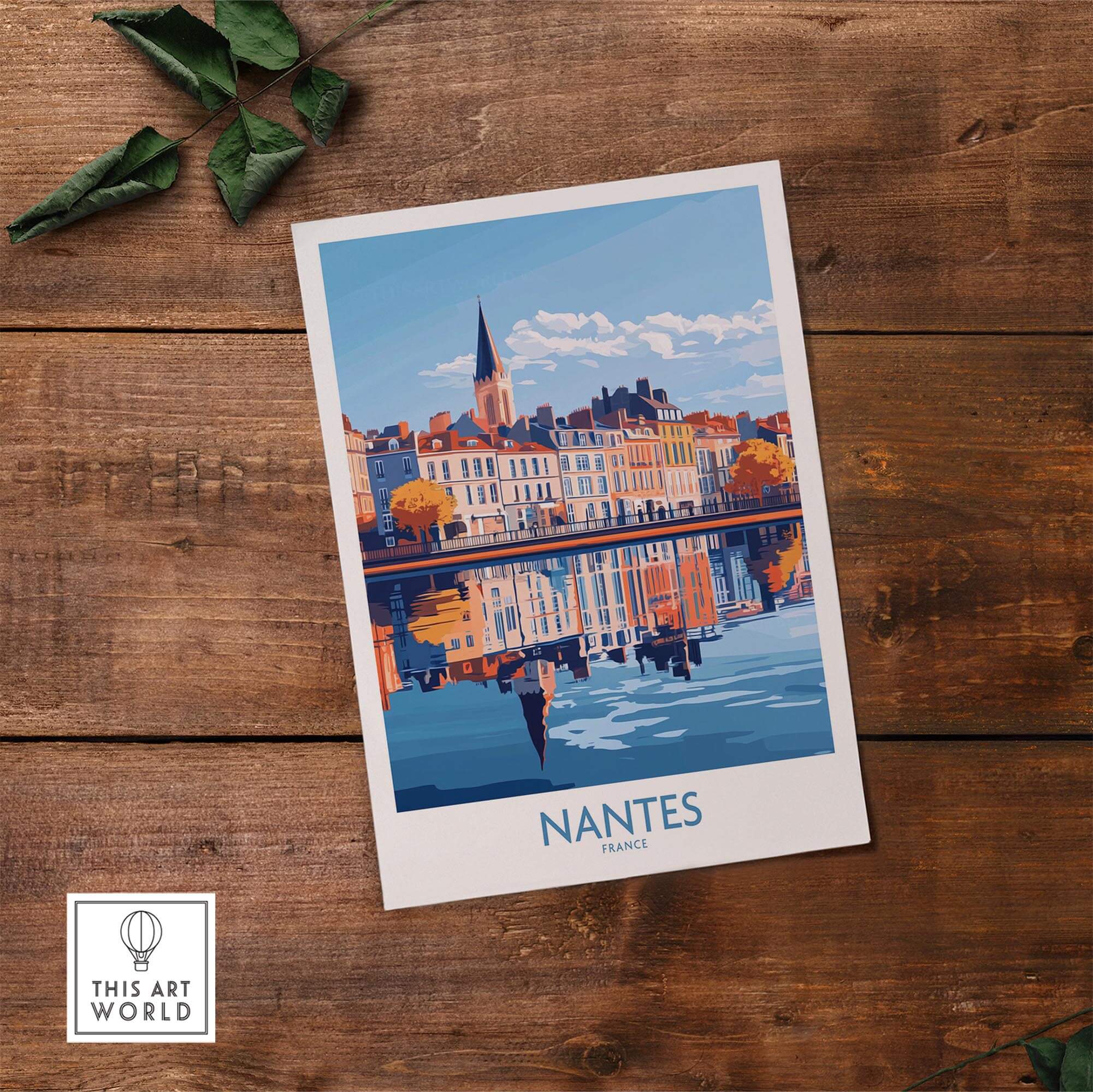 Beautiful Nantes Poster France showcasing colorful architecture and historic landmarks reflecting on water.