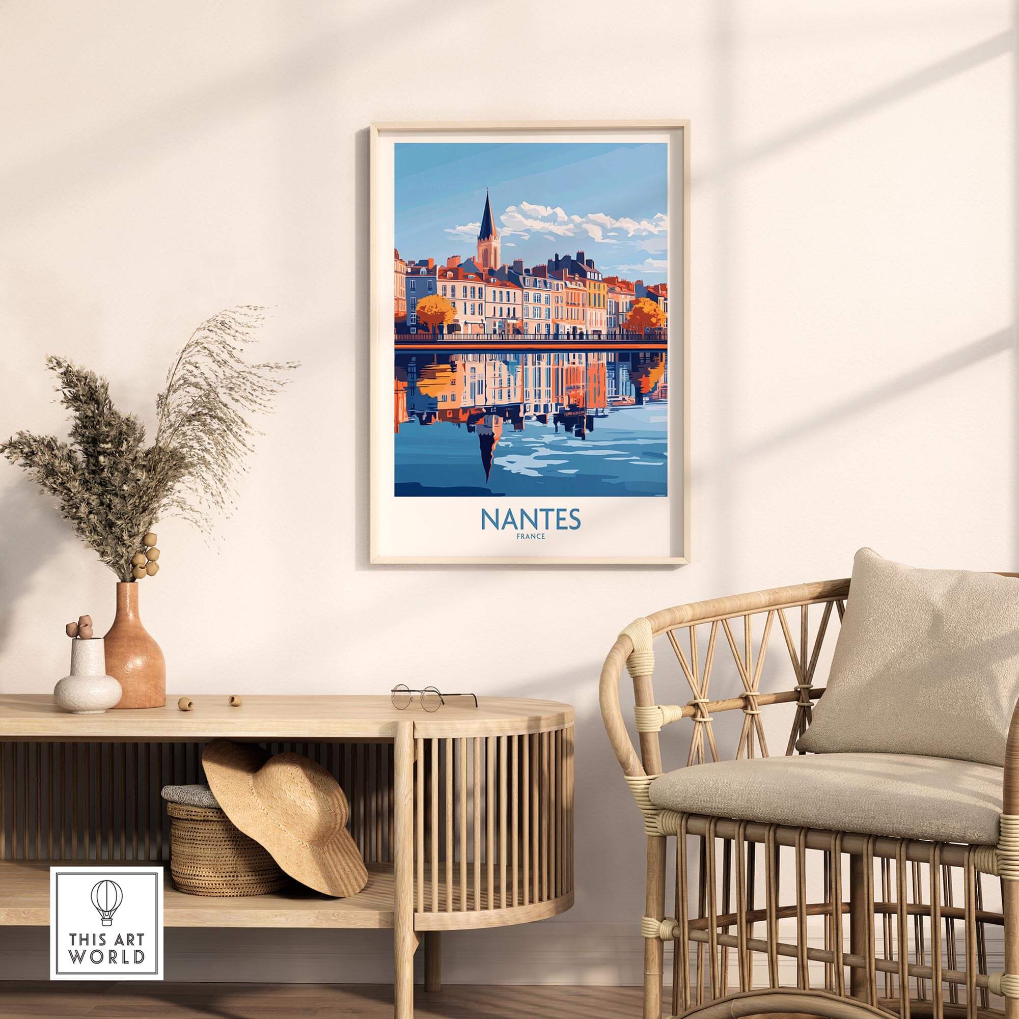 Nantes Poster France displayed in a stylish interior setting, showcasing the beautiful reflection of Nantes, France.