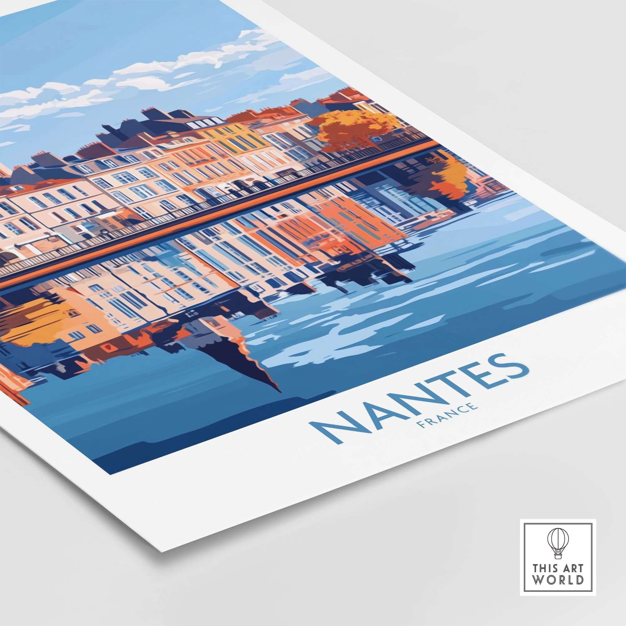 Nantes Poster France showcasing the scenic beauty and vibrant colors of Nantes, France with reflection on water.