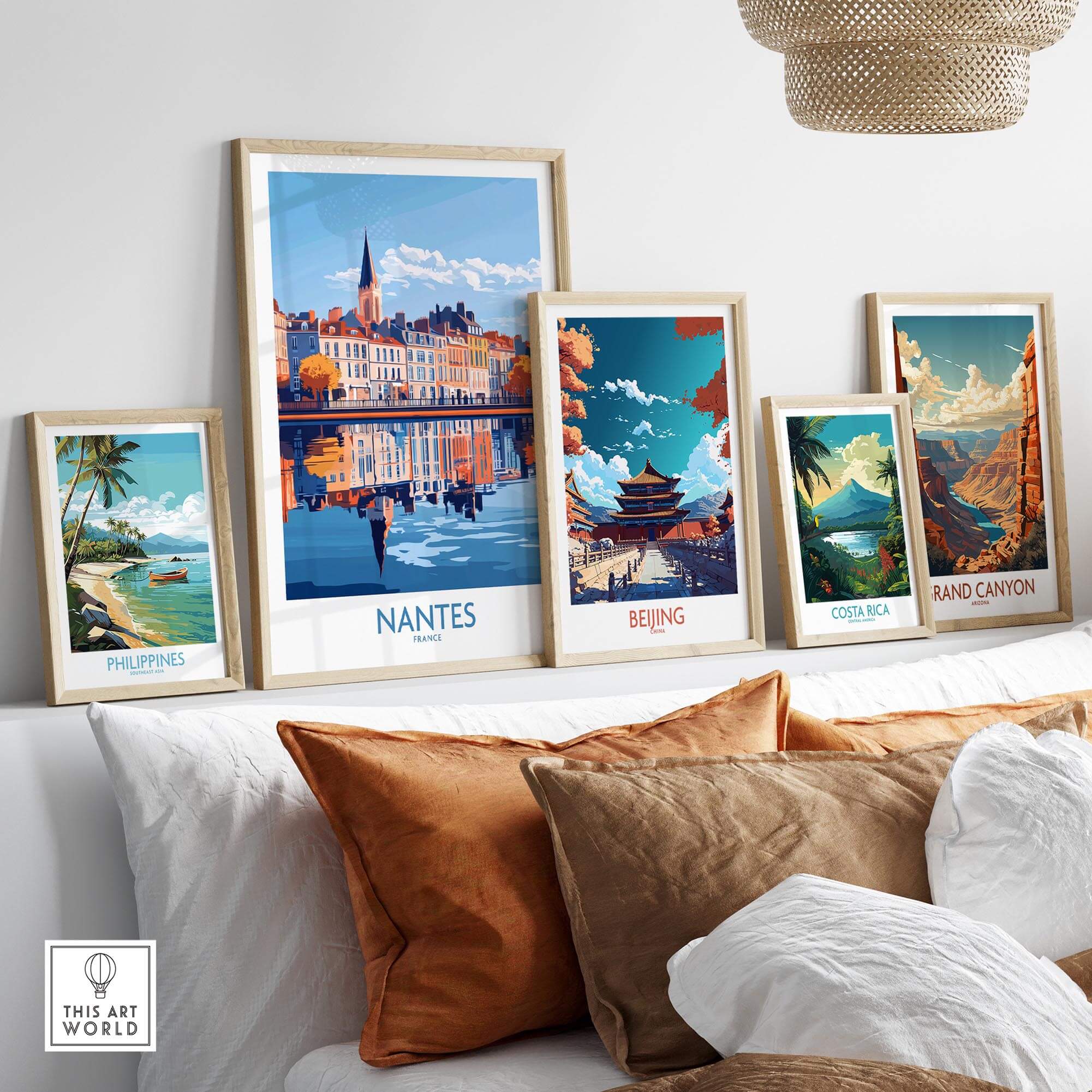 Nantes Poster France featured among framed city posters, showcasing vibrant travel art for home decor.