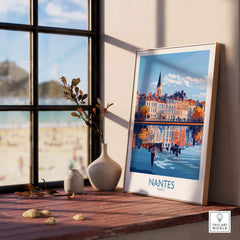 Nantes Poster France displayed in a bright interior setting with a view of the beach and plants.