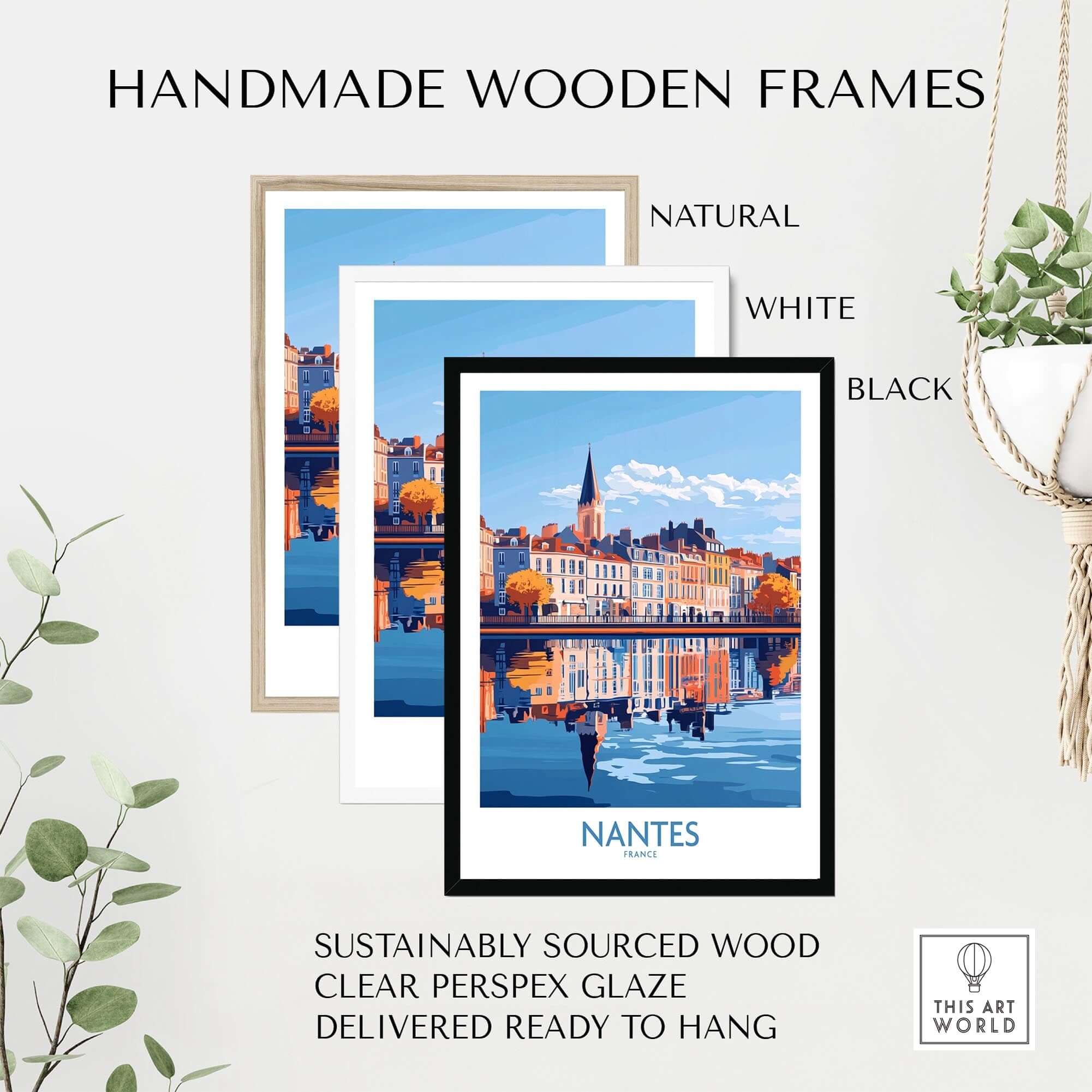 Nantes Poster France featuring handmade wooden frames in natural, white, and black colors, sustainably sourced wood.