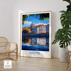 Nantes Travel Poster showcasing a scenic view of Nantes, France reflected in the tranquil river.