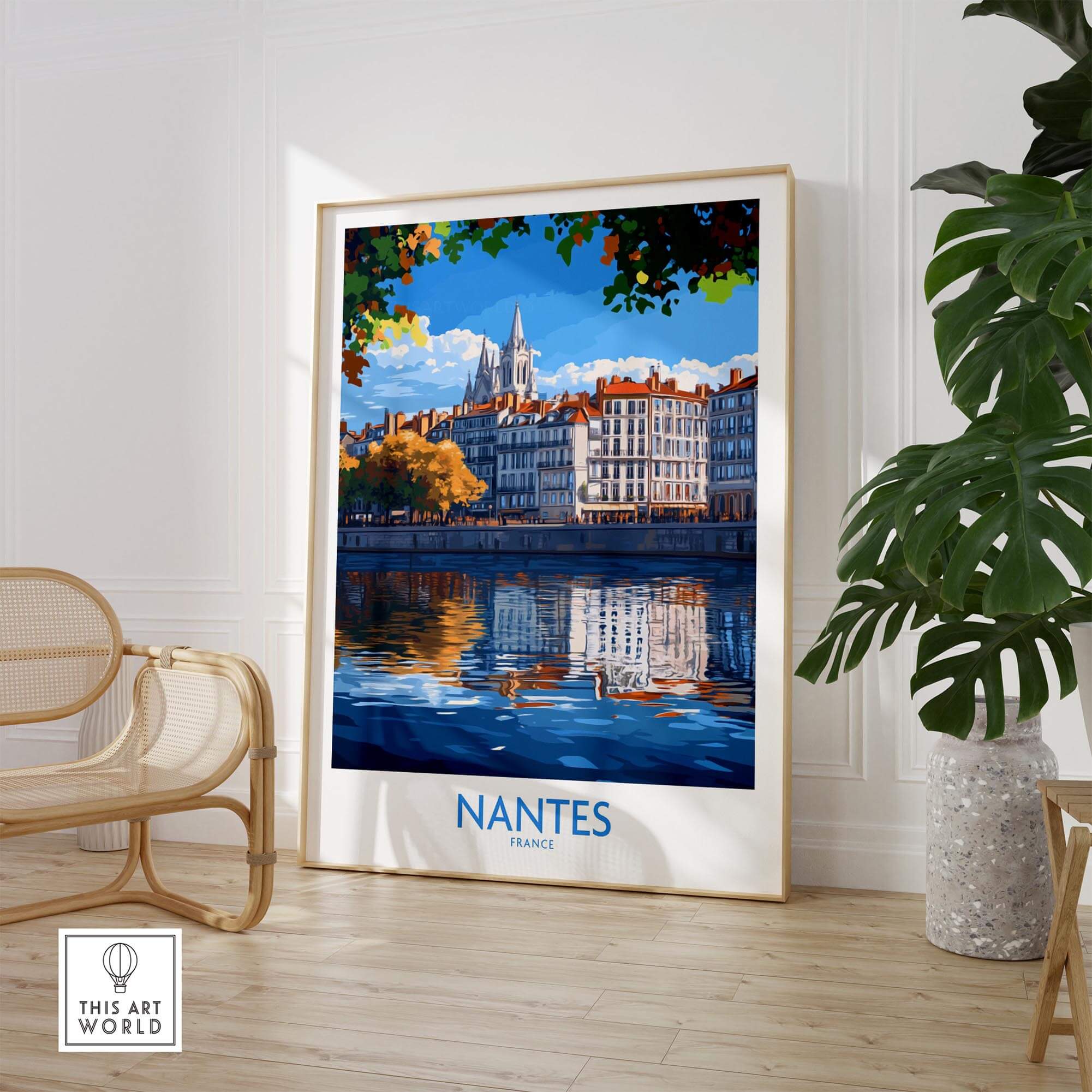 Nantes Travel Poster showcasing a scenic view of Nantes, France reflected in the tranquil river.