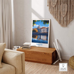 Nantes Travel Poster featuring a picturesque view of the city by the river, enhancing your decor with French wall art.