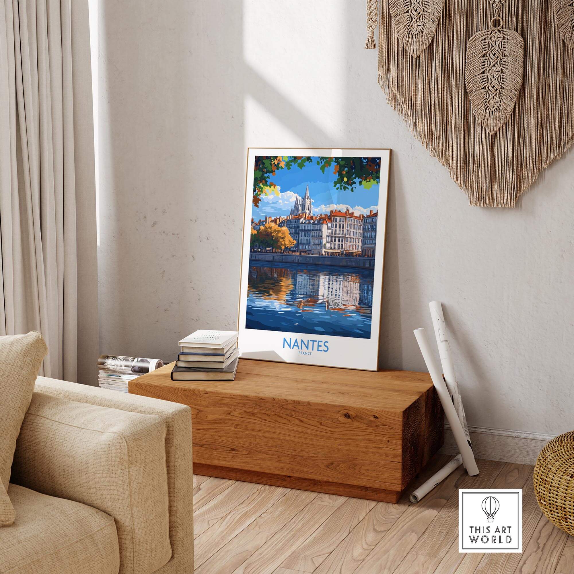 Nantes Travel Poster featuring a picturesque view of the city by the river, enhancing your decor with French wall art.