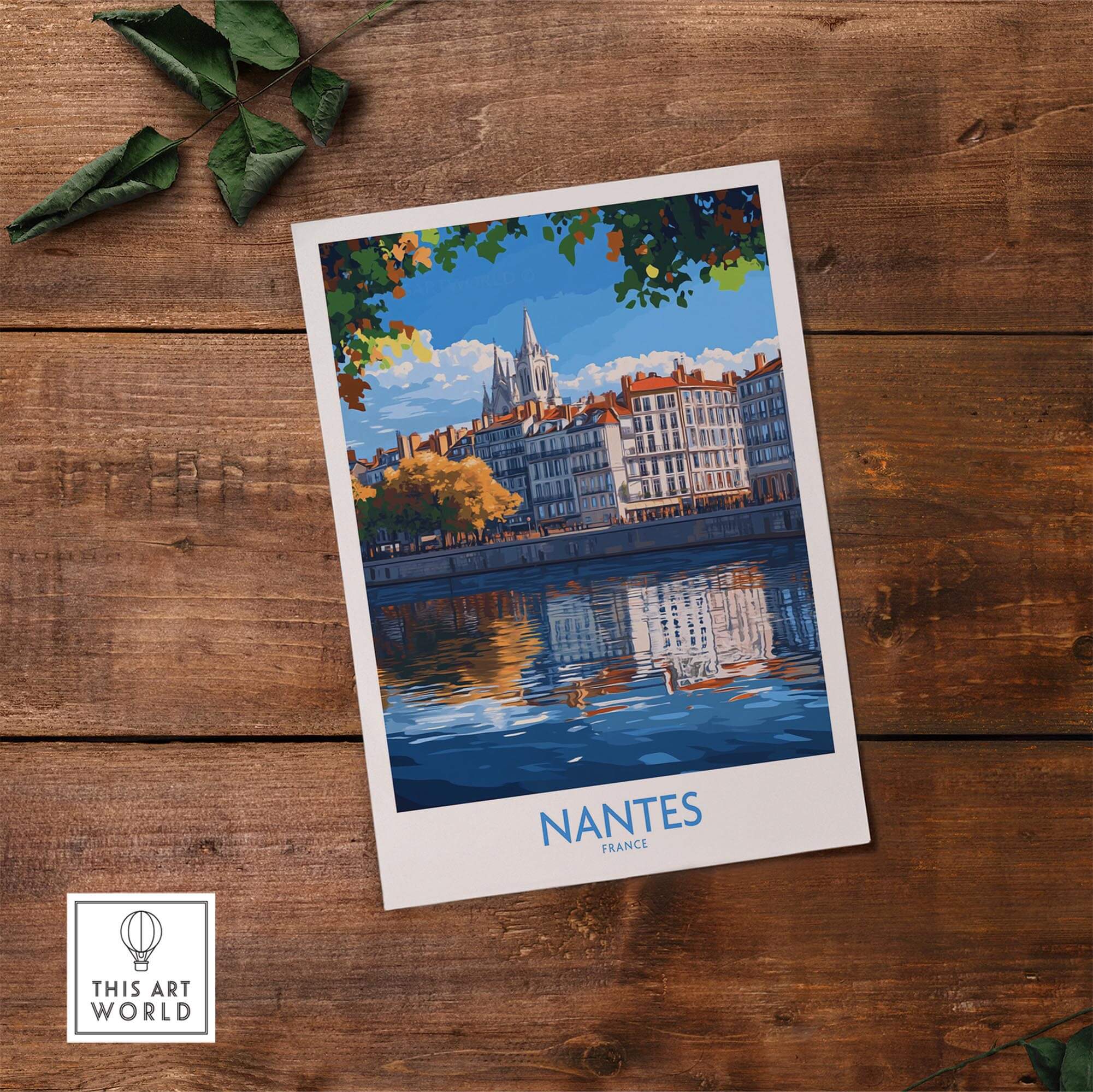 Nantes Travel Poster showcasing the tranquil river and vibrant cityscape of Nantes, France.