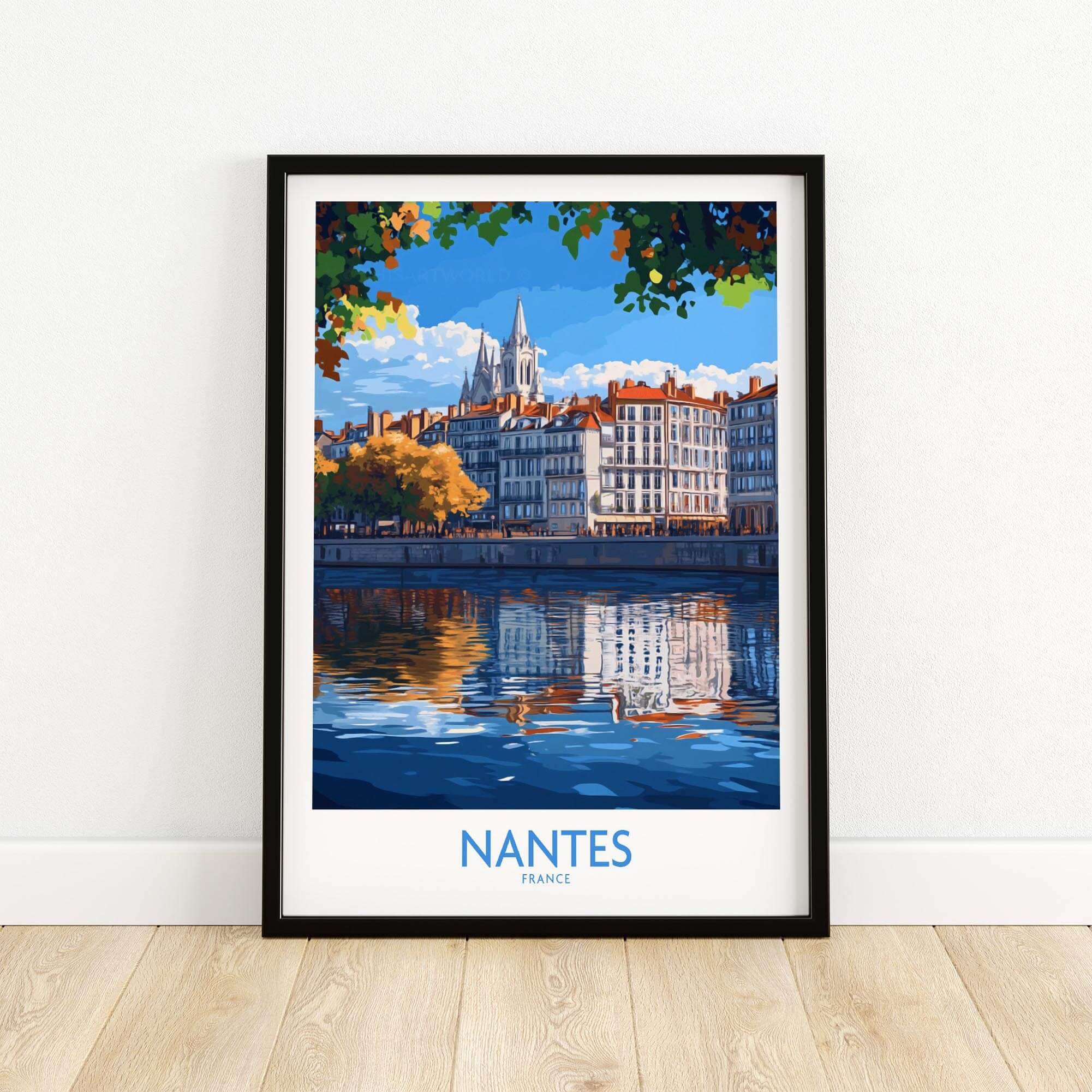 Nantes Travel Poster showcasing a picturesque view of Nantes, France with tranquil river reflections.