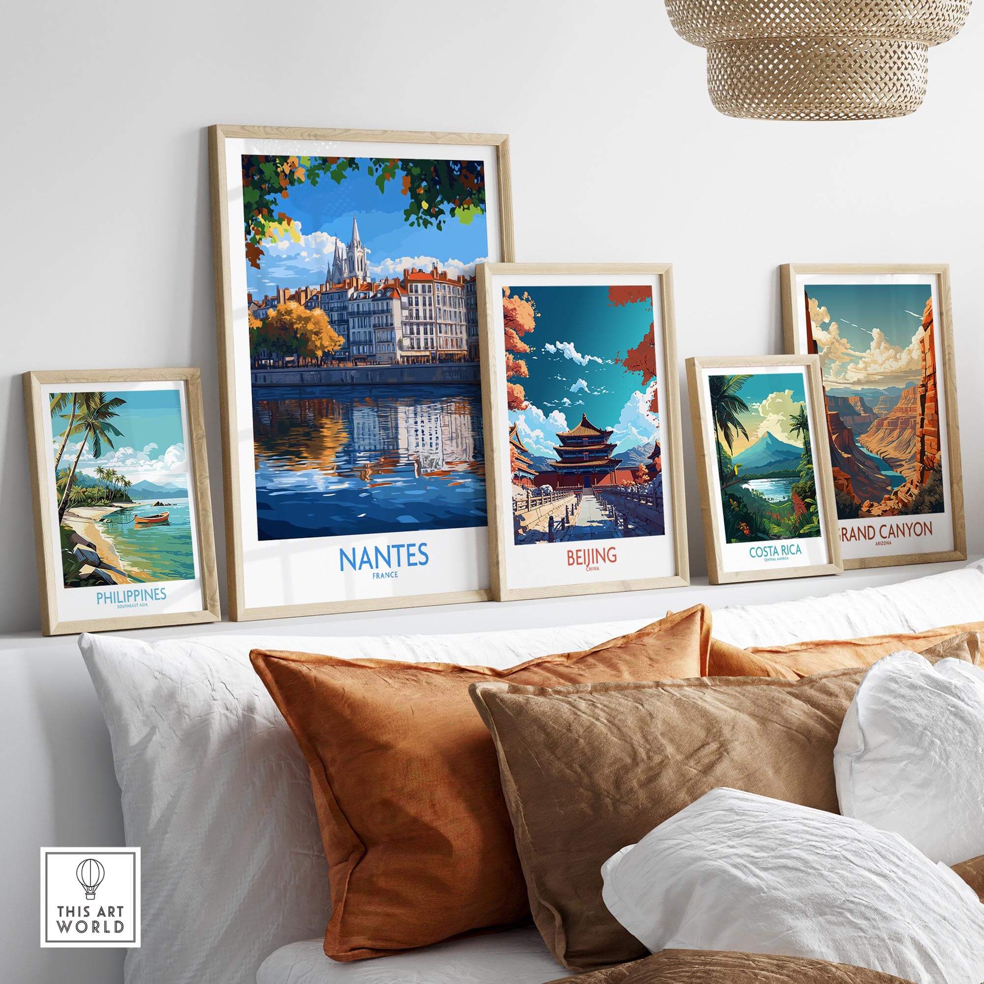 Nantes Travel Poster and other travel posters displayed on a shelf, featuring scenic views and vibrant colors.
