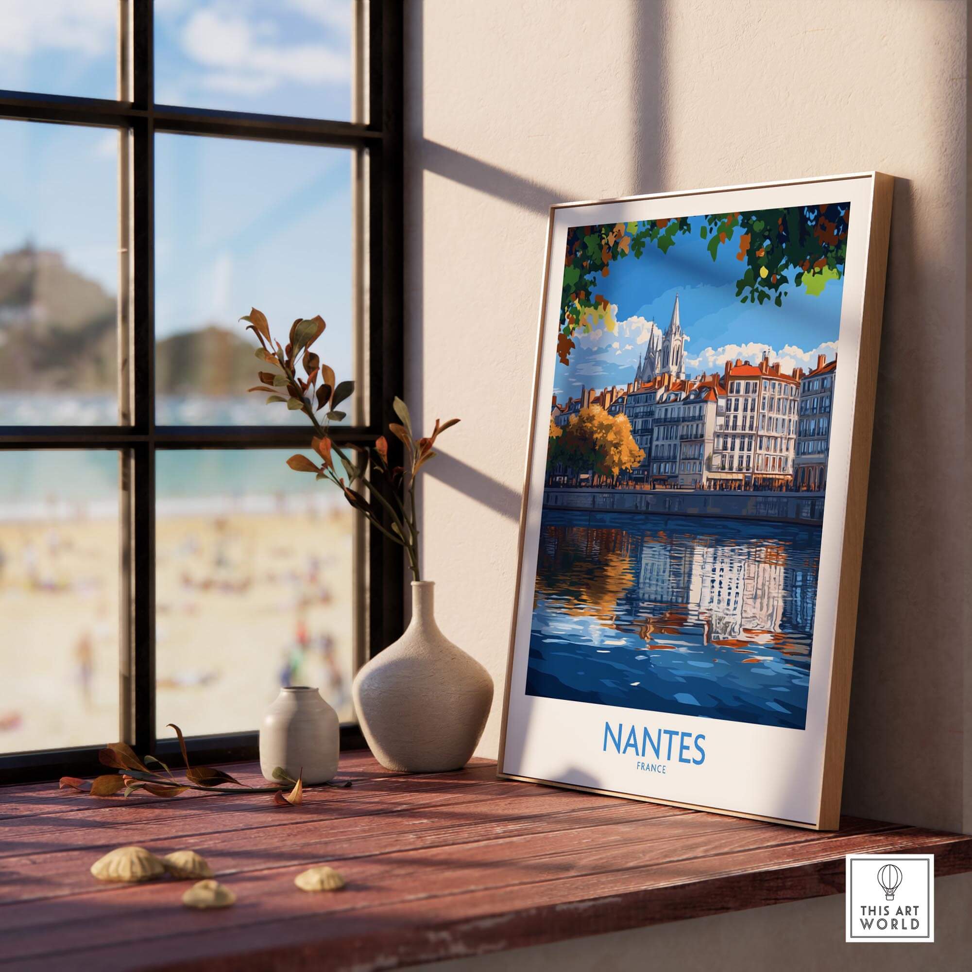 Nantes Travel Poster showcasing the tranquil river and beautiful architecture in Nantes, France.