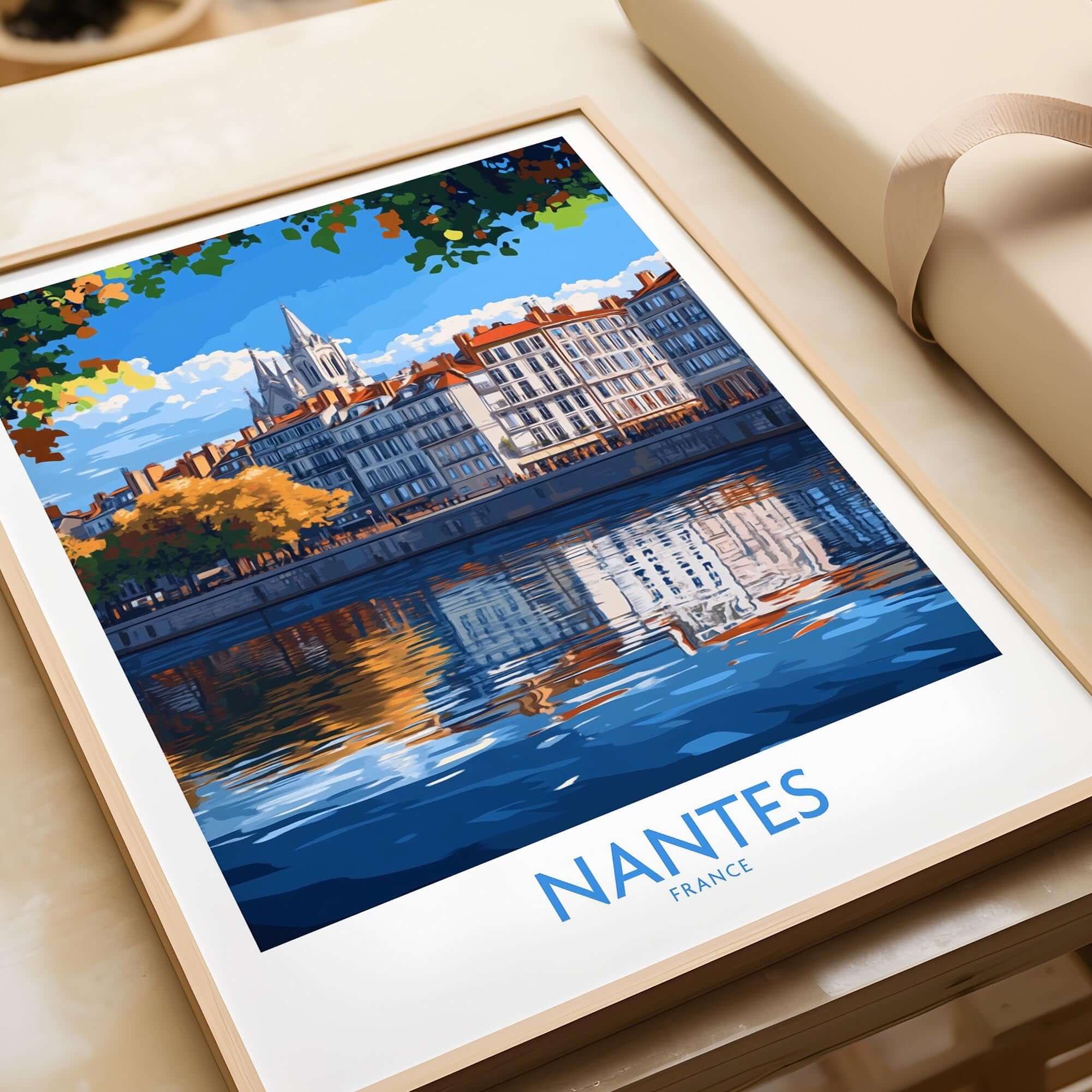 Nantes Travel Poster featuring a serene river view and charming architecture, perfect for France wall art enthusiasts.