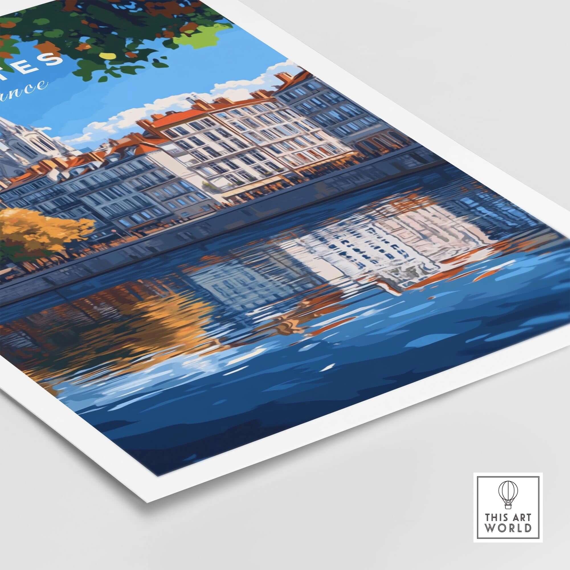 Nantes Travel Print showcasing a beautiful river view and vibrant buildings, capturing the essence of Nantes, France.