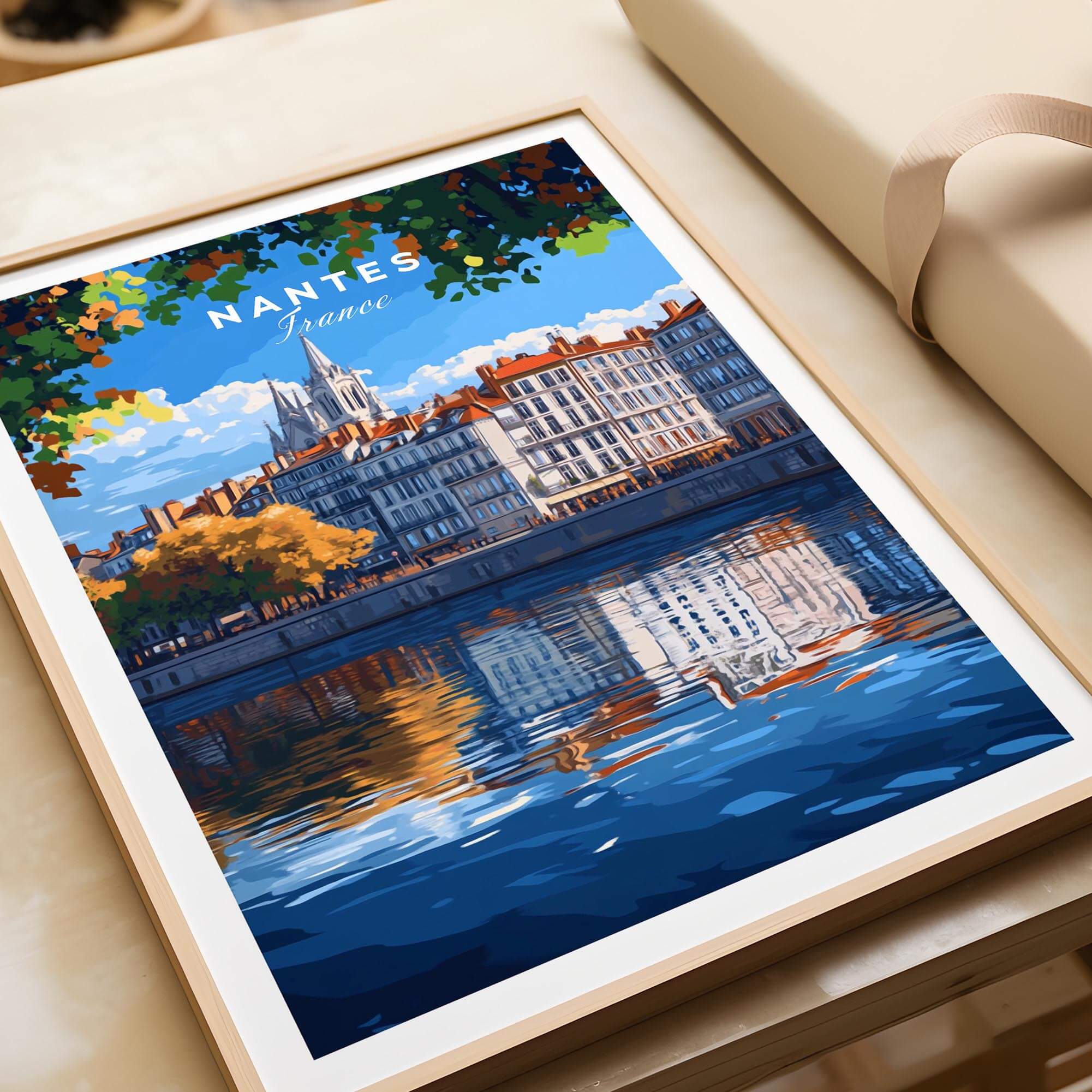 Nantes Travel Print showcasing a colorful waterfront scene in Nantes, France, perfect for travel enthusiasts.