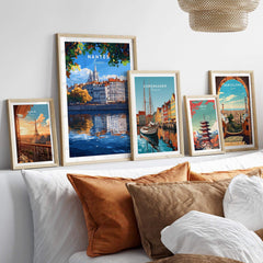 Nantes Travel Print showcased among vibrant city prints on a stylish living room wall, ideal for travelers and art lovers.