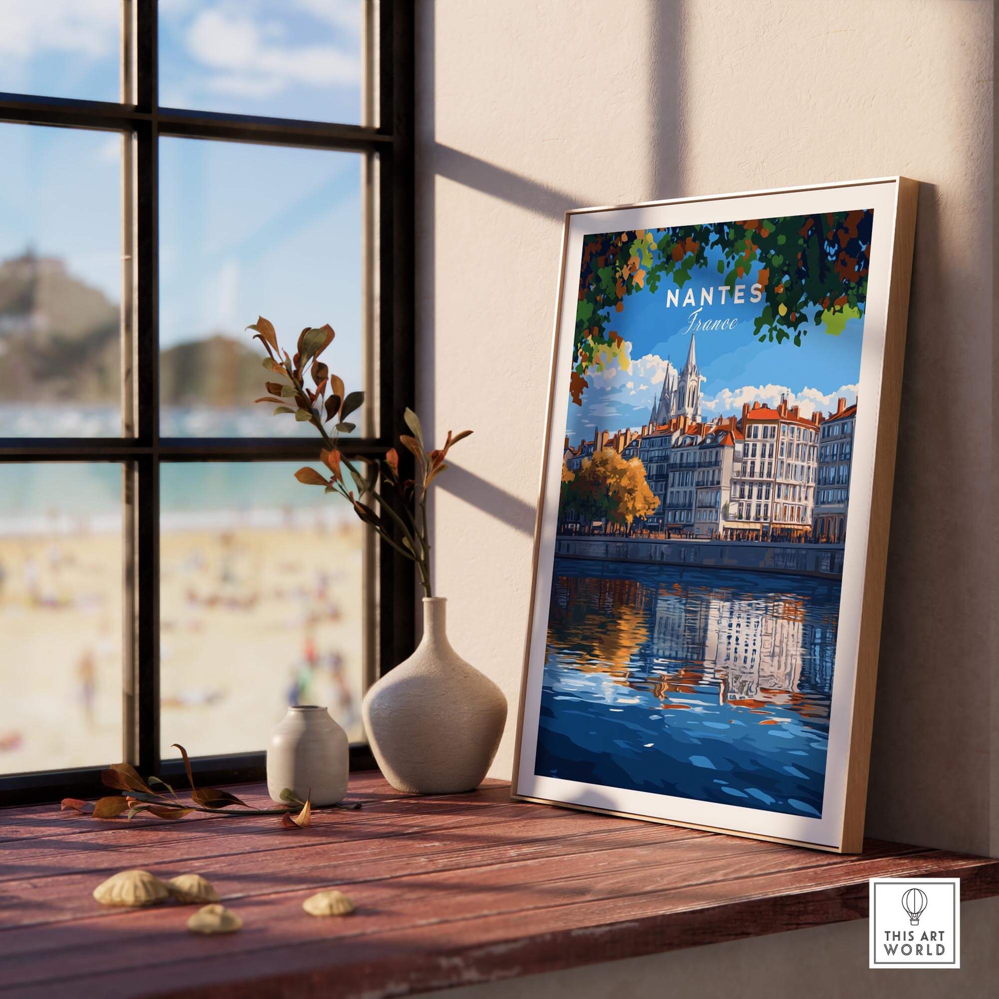 Nantes Travel Print framed on a window ledge showcasing the vibrant beauty of Nantes, France.