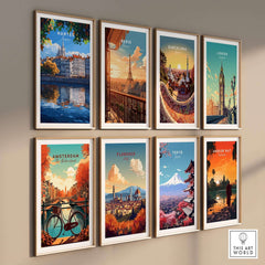 Nantes Travel Print featuring vibrant artwork of Nantes and other city travel prints on a gallery wall